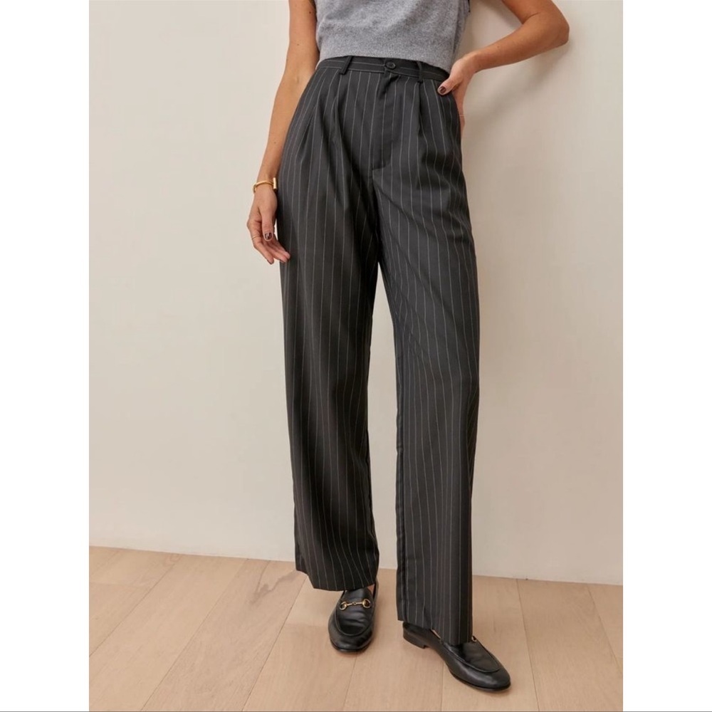 Reformation Black Pinstripe High-Waist Wide-Leg Trousers